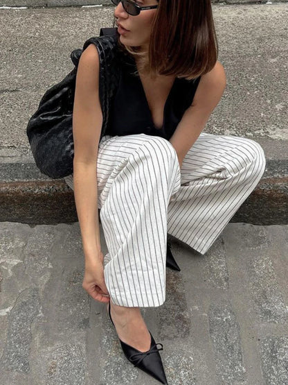 ’s Black White Stripe Wide Leg Pants New High Waist Zipper Loose Work Business Pants With Pockets