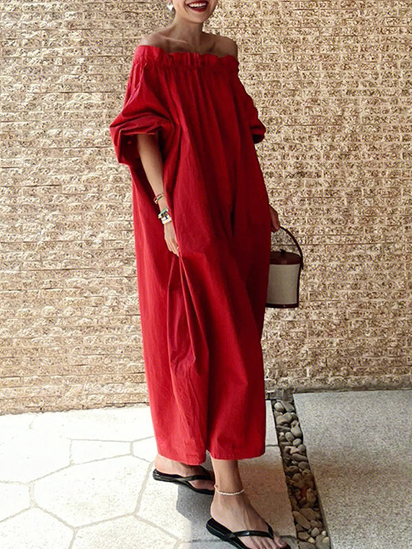 Half Sleeves Loose Elasticity Pleated Color Off-the-shoulder Maxi Dresses