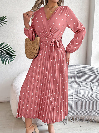 A-line High Waisted Elasticity Pleated Polka-dot Split-joint Tied Waist V-neck Midi Dresses Shirt Dress