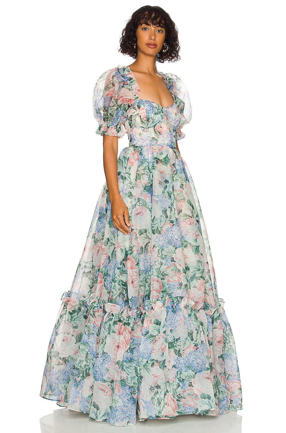 Chiffon Puff Sleeve Ruffle Maxi Dress