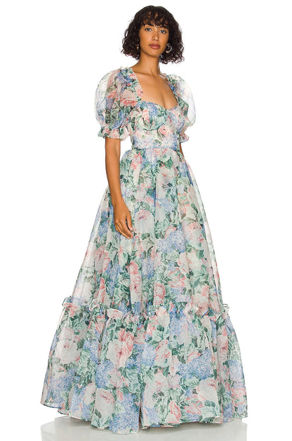 Chiffon Puff Sleeve Ruffle Maxi Dress