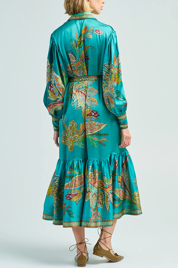 Resort Style Satin Unique Printed Lapel Lantern Sleeve Lace-up Midi Dress