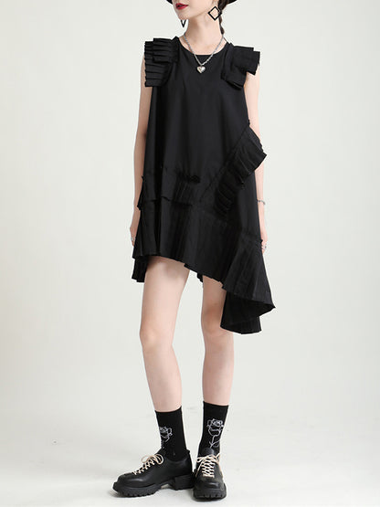 Flying Sleeves Loose Asymmetric Pleated Color Split-joint Round-neck Midi Dresses