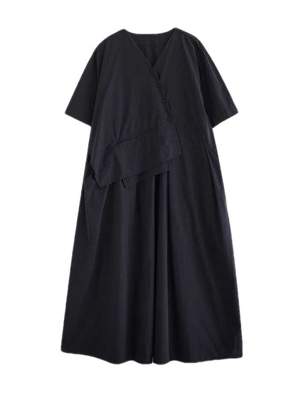 Loose Short Sleeves Pleated Color Split-joint V-neck Midi Dresses