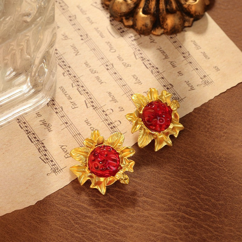 Vintage Red Sunflower Earrings