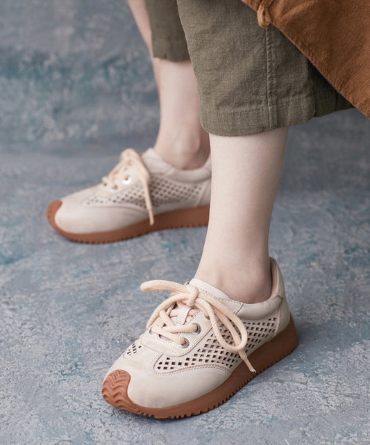 Beige Cowhide Leather Flats Hollow Out Lace Up Flat Feet Shoes
