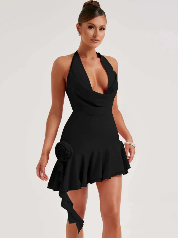Halter 3d Flower Backless Mini Dress for V Neck Sleeveless Ruffls Club Party Dress