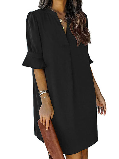 A-line Flared Sleeves Pleated Ruffled Color Split-joint V-neck Mini Dresses