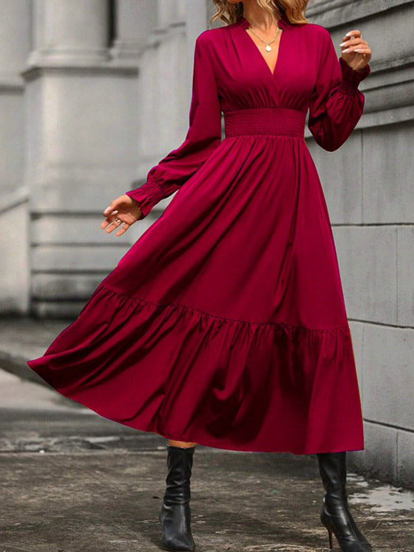 A-line Flared Sleeves Elasticity Pleated Color V-neck Midi Dresses