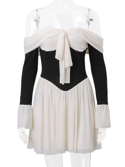 Strapless Backless Mini Dress for New Off-shoulder Long Flare Sleeve Pleated Club Party Dress
