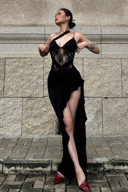 Irregular Lace Patch Sheer Mini Dress