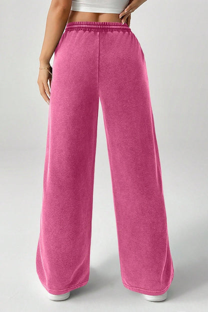 Color Drawstring Waist Wide Leg Sweat Pants