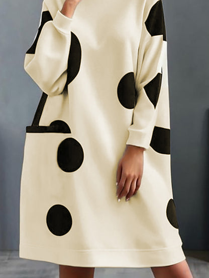 Long Sleeves Loose Pockets Polka-dot Mock Neck Midi Dresses