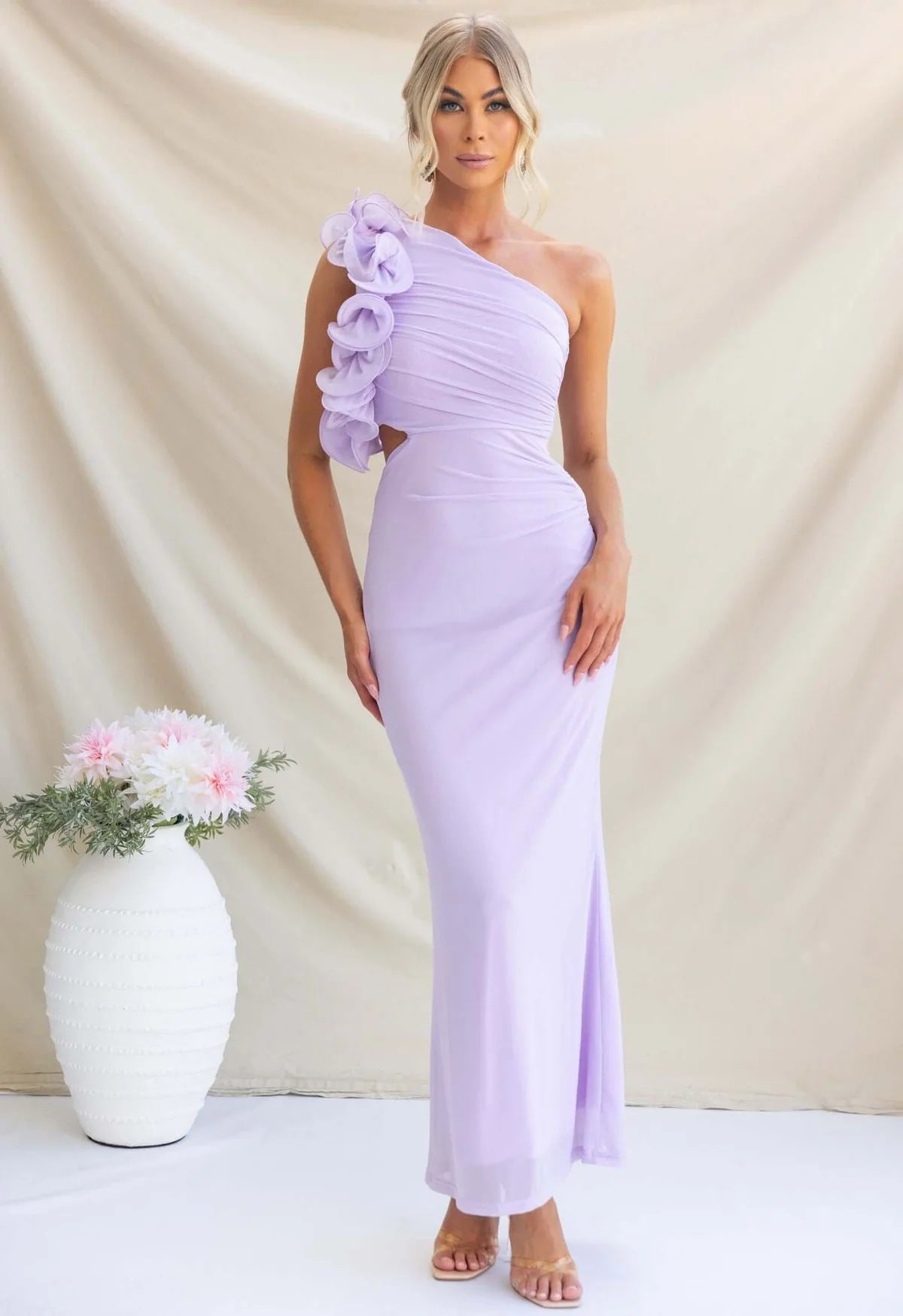 Purple Ruffle One-shoulder Mesh Maxi Dress