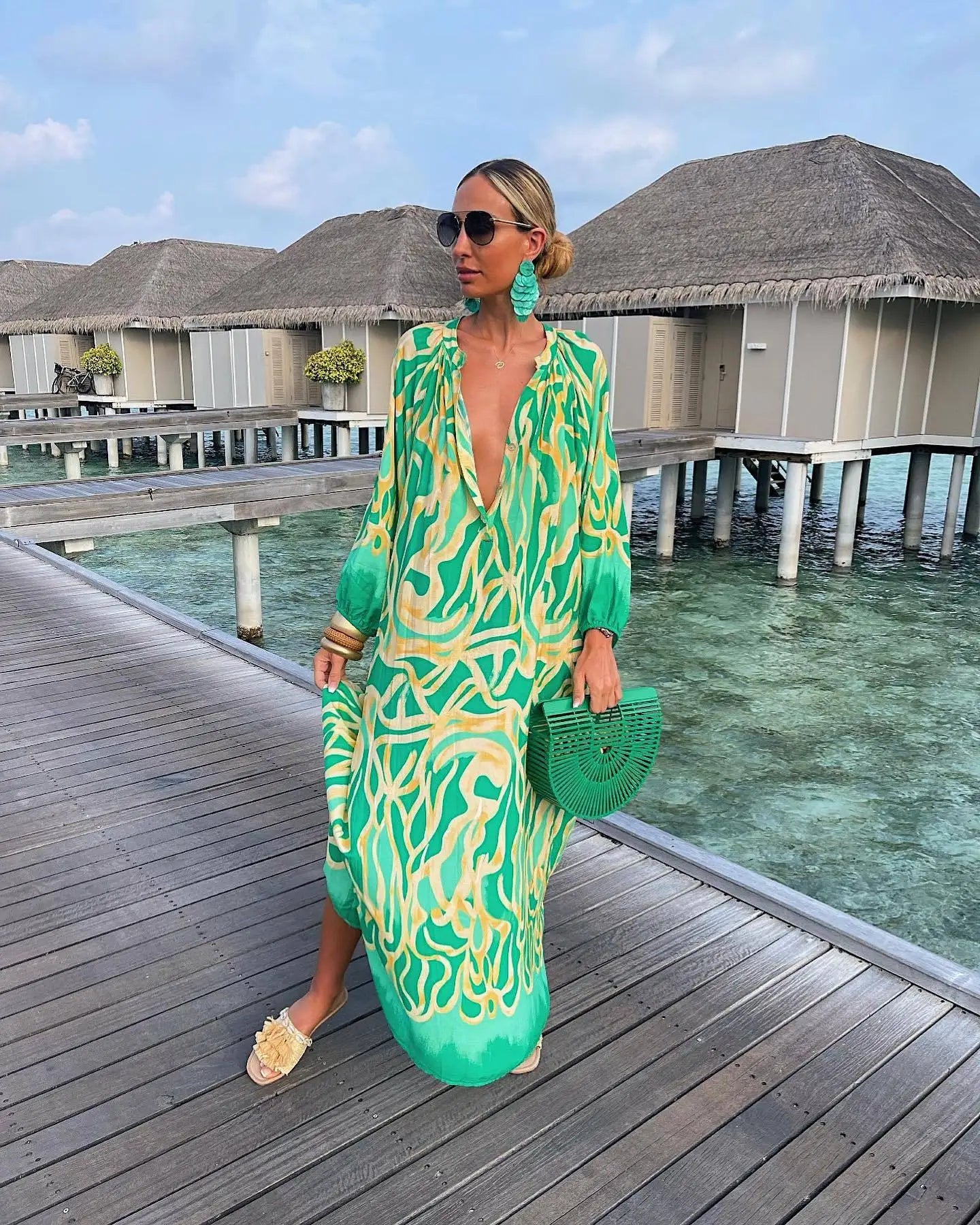 Printed Loose Long Dresses for V-neck Irregular Big Skirt Beachwear Maxi Dress Beach Vacation Vestidos