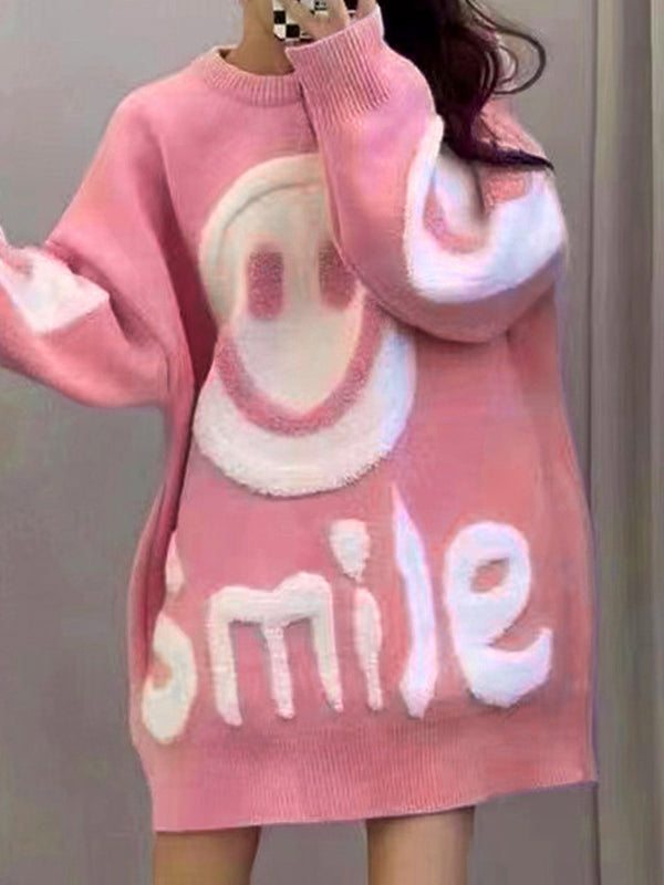 Color Y2k Smile Print Thicken Loose Sweater