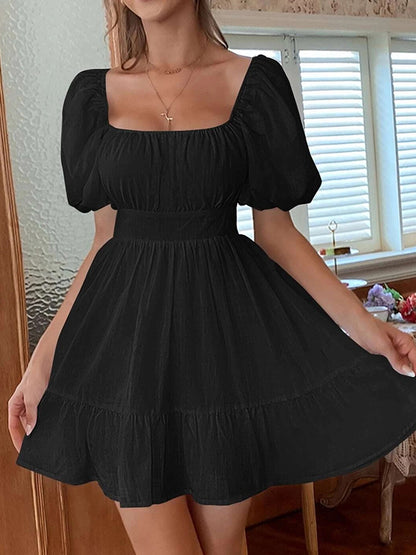 High Waisted Loose Backless Bowknot Elasticity Pleated Color Split-joint Square-neck Mini Dresses