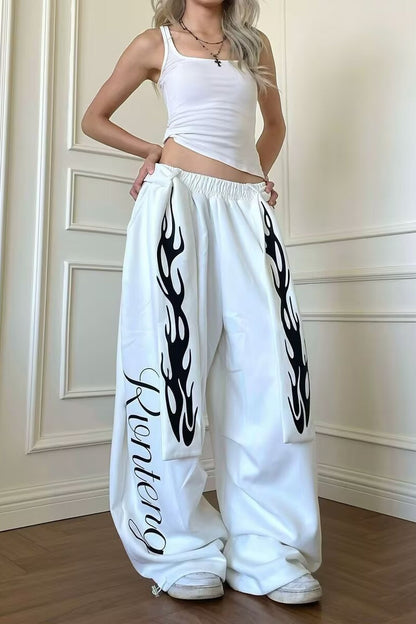 Flame Print Detachable Tie Curved Sweat Pants