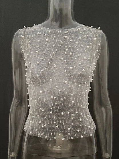 Pearl Mesh See-through Tank Top Sleeveless Round Neck Losse Summer Short T-shirt Female Y2k Vest