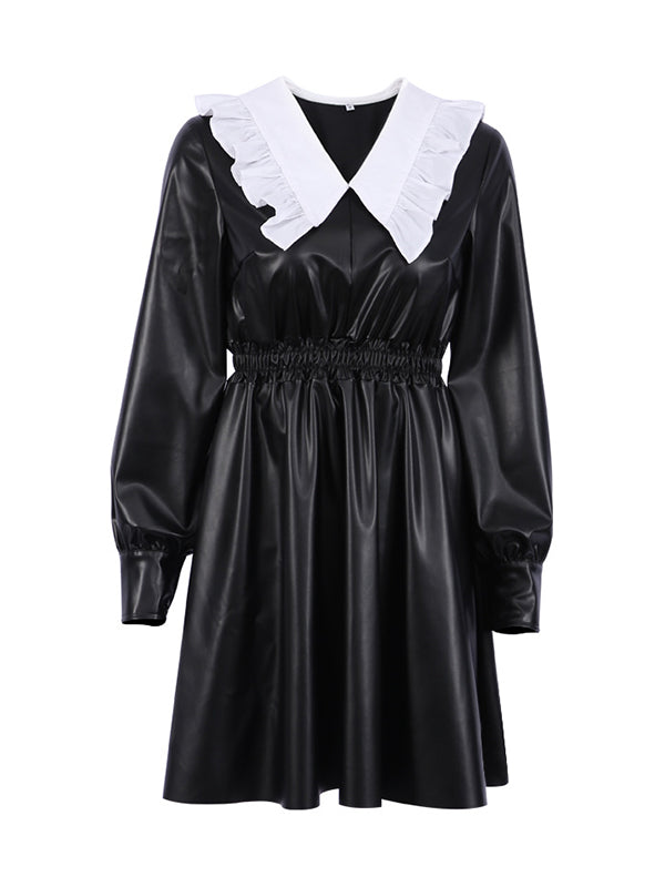 Loose Puff Sleeves Elasticity Pleated Split-joint Peter Pan Collar Mini Dresses