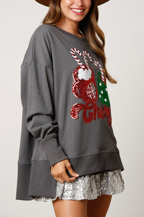 Christmas Candy Cup Sequined Loose Sweatshirt