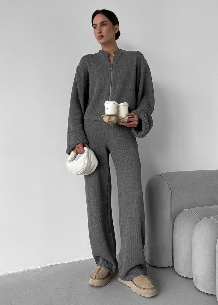 Avery Knit Lounge Set – Zip-up Jacket and Wide-leg Pants