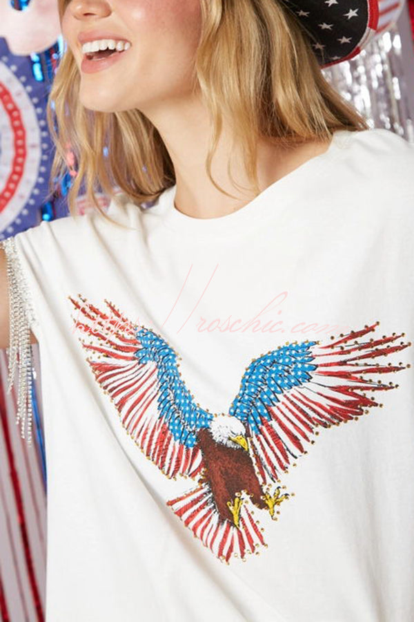 Extraordinary American Eagle Print Rhinestone Tassel Short Sleeve T-shirt