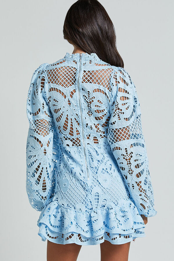 Color Hollow Long-sleeved Waisted Lace Mini Dress
