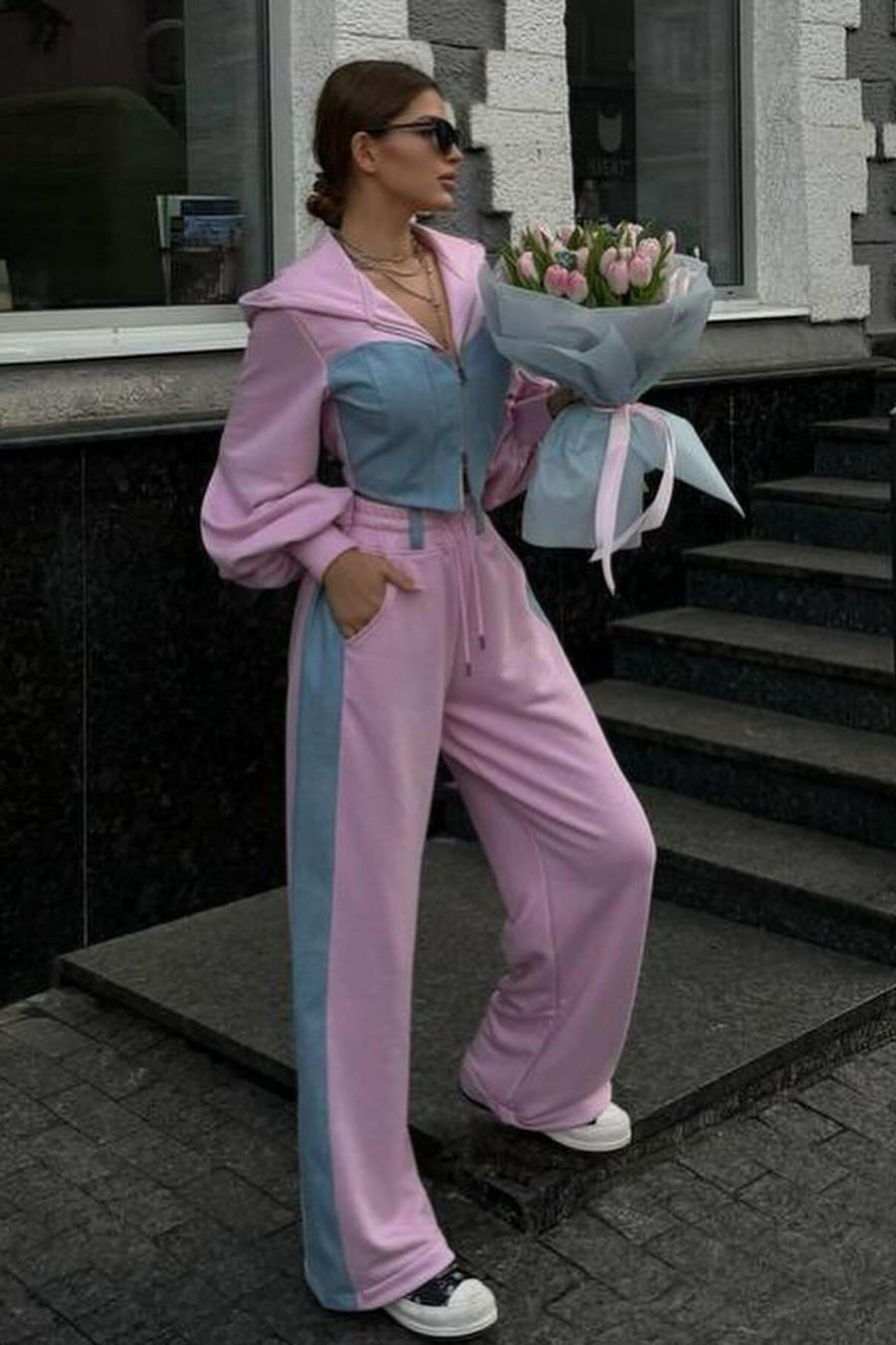 Color Block Hoodie Denim Two Piece Pants Set