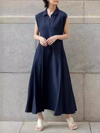 Loose Raglan Sleeve Pleated Color Lapel Maxi Dresses