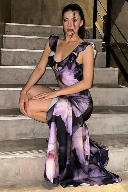 Ruffled U-neck Backless Maxi Dress