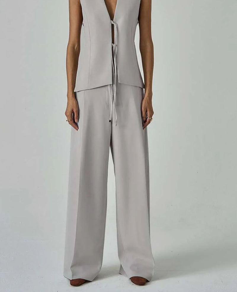 Grey Button Shirt Lace-up Pants Office Two Piece Set