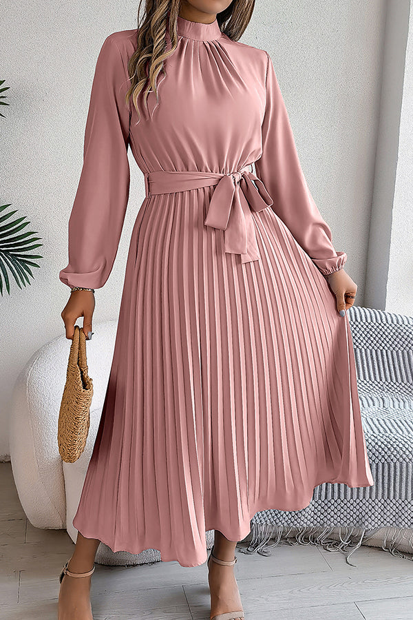 Stand-collar Long-sleeve Waisted Tie-up Pleated Midi Dress