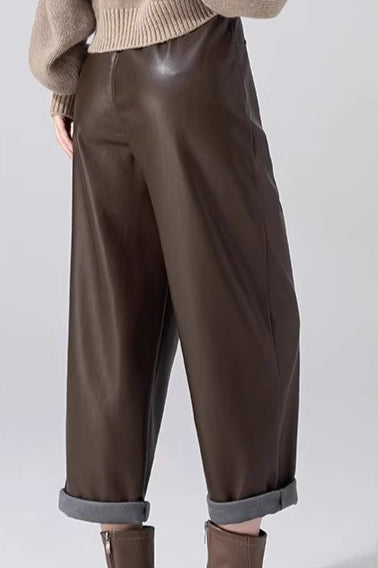 Slim Pu Leather Elastic Waist Straight Pants