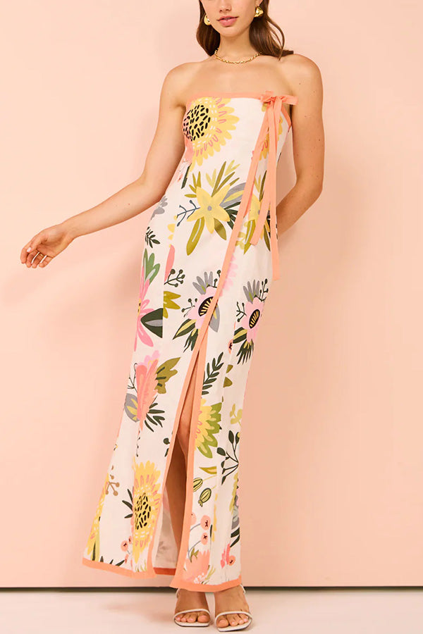 Inessa Linen Blend Print Strapless Wrap Bow Maxi Dress