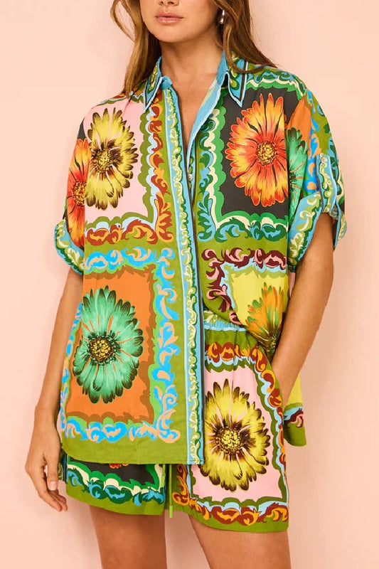 Loose Shorts Fashionable Versatile Printed Daisy Flower Linen Two-piece Suit