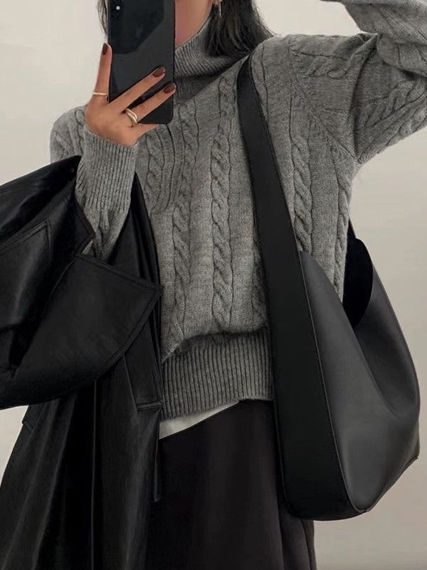 Color Lapel Neck Cable Half Zip Knit Sweater