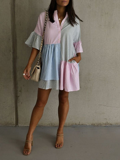 Long Sleeves Loose Buttoned Contrast Color Pleated Split-joint Striped Stand Collar Mini Dresses Shirt Dress