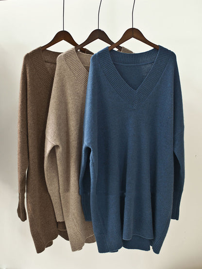 Stylish Long Sleeves Loose Color V-neck Sweater Dresses