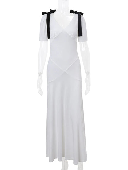 Tee Bow Lace-up Long Dress for High Waist Short Sleeve Slim Party Dress Bandage Maxi Dress