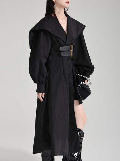 High Waisted Long Sleeves Asymmetric Belted Pleated Color Lapel Midi Dresses