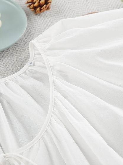Loose Puff Sleeves Lace-up Pleated See-through Color V-neck Mini Dresses Sleep Dress