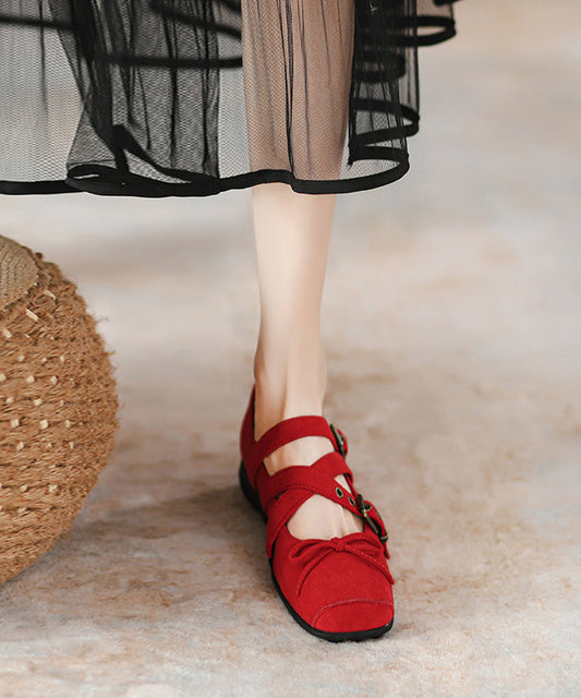 Red Suede Cross Strap Splicing Flat Feet Shoes
