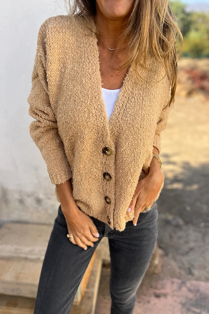 Color V-neck Long-sleeved Fashionable Knitted Cardigan