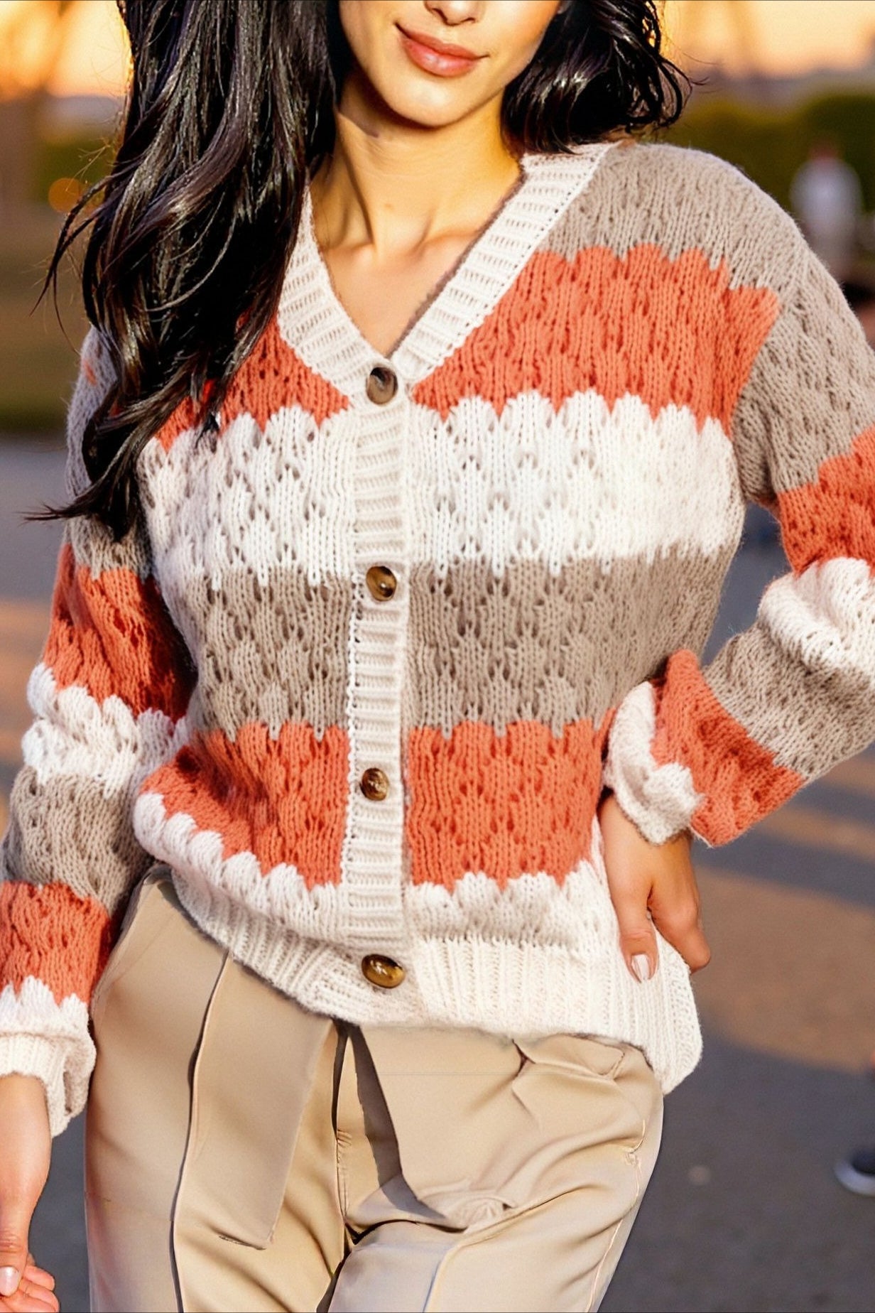 Color Block V-neck Loose Sweater