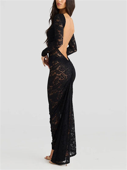 White Lace Backless Long Dress for See-through High Waist Printed Slim Hollow Out Dress ’s Party Dress