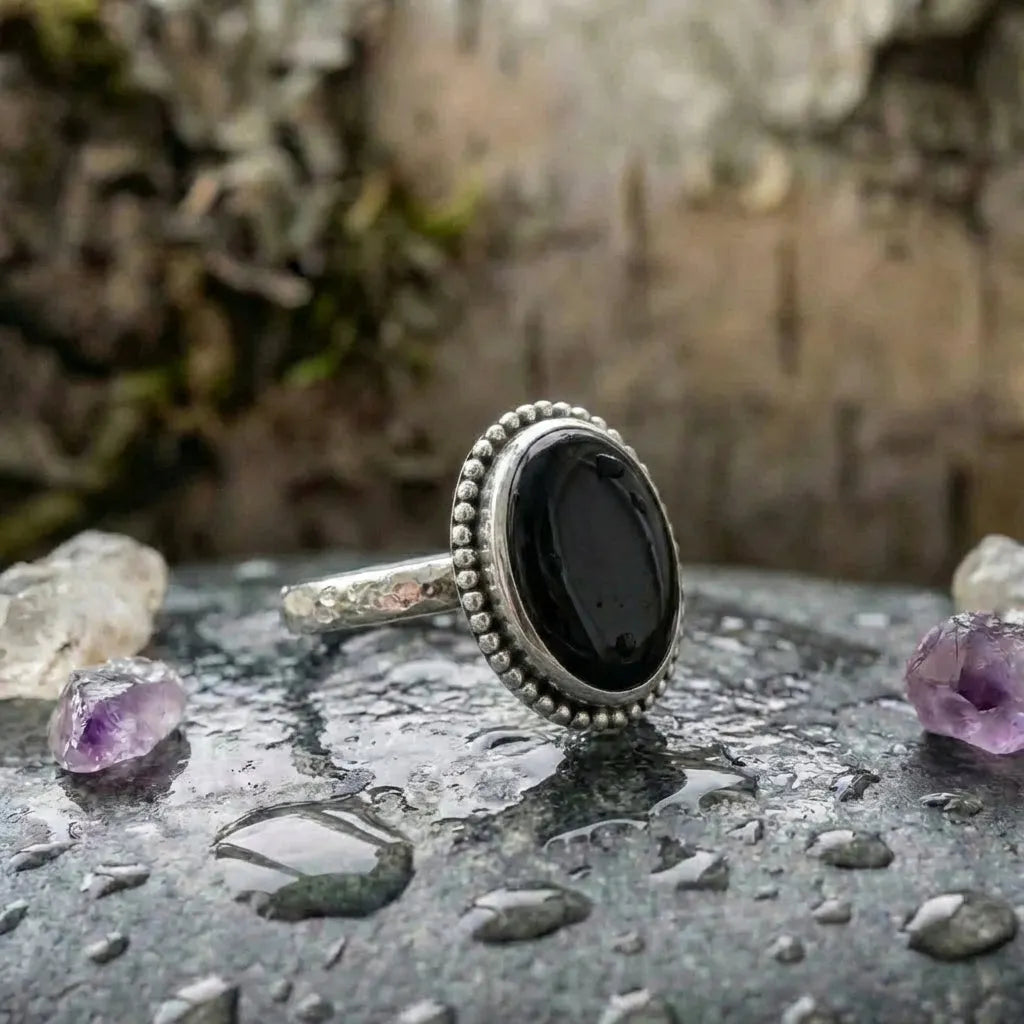 Vintage Silver Color Oval Black Stone Ring