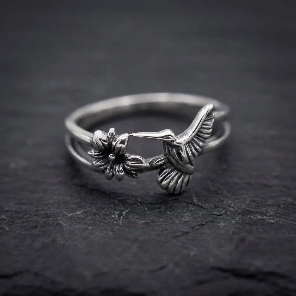 Vintage Hummingbird Flower Silver Ring