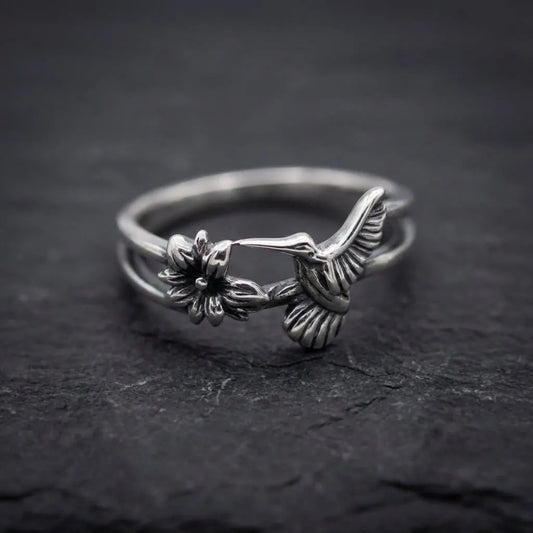 Vintage Hummingbird Flower Silver Ring