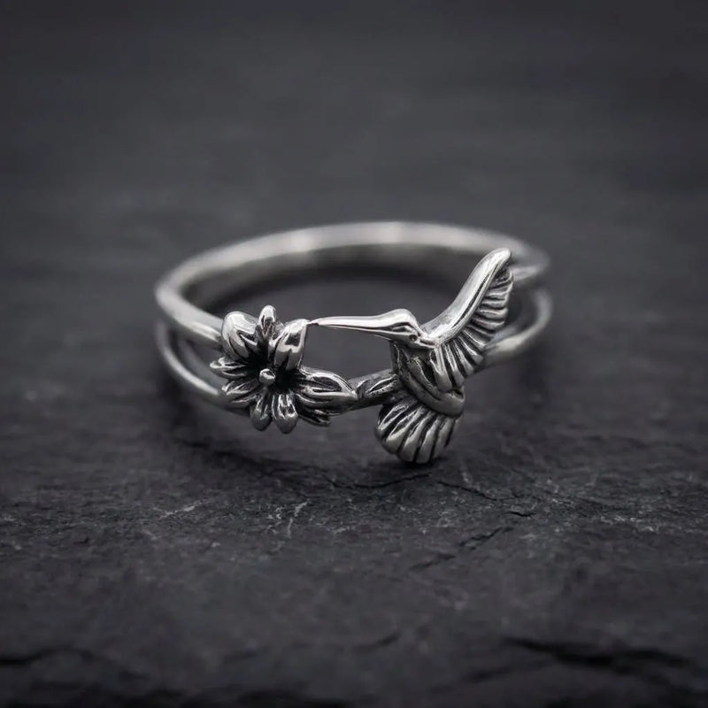 Vintage Hummingbird Flower Silver Ring